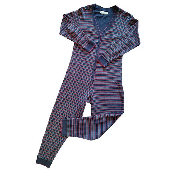 Victoria's Secret Blue Green Red Striped Thermal Onesie Pajamas Medium - Picture 1 of 13